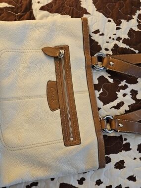 Coach Cream Leather Tote with Tan Trim and Silver Hardware Accents